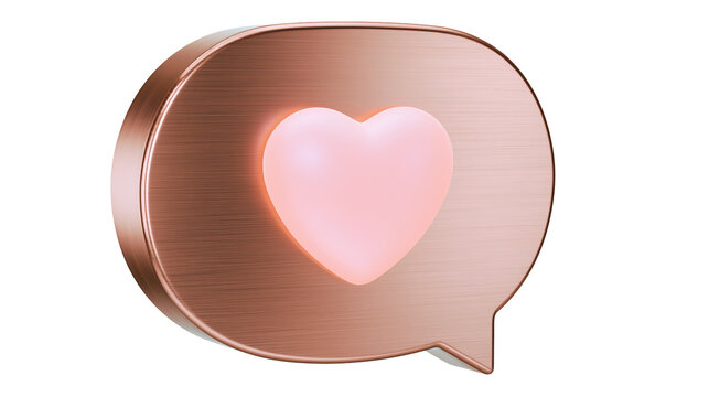 Rose gold speech bubble with glowing pink heart inside, isolated on transparent background