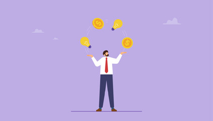 Businessman entrepreneur juggling lightbulb and money dollar coin. Idea to make money, entrepreneur to invent and make profit from new idea, investing strategy or creativity to earn money concept. © yedsgn
