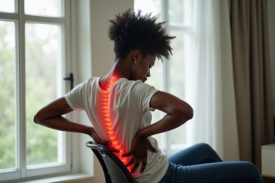 An African woman demonstrates back pain and discomfort as she sits in a chair with poor posture.