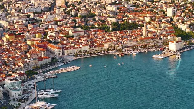 View of Split Croatia with coastal area and cityscape from above during daytime
