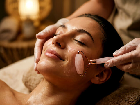 Woman receiving facial treatment with rose quartz roller in spa setting