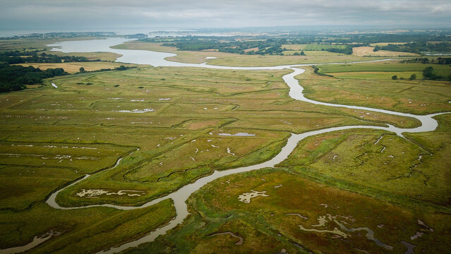 Aerial view of the marshlands and winding river channels of the Betahon estuary, with lush green vegetation and tidal flats in Ambon, Bretagne, France.