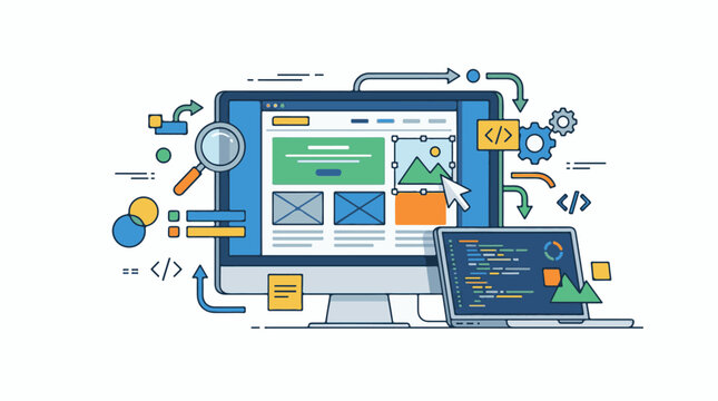 A computer monitor and laptop displaying web development elements