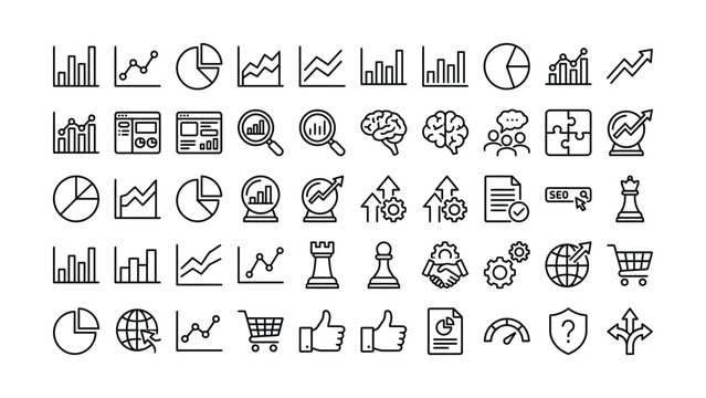 Collection of business data analytics strategy and marketing line icons representing growth and success concepts