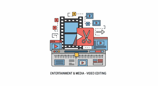 Colorful illustration of a video editing interface with film strip scissors playback buttons and timeline