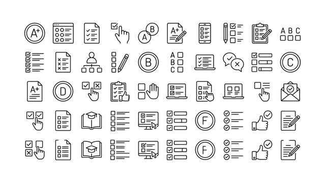 Comprehensive collection of outline icons representing online tests educational quizzes digital assessments and feedback forms