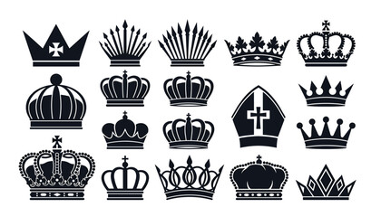 Royal crown silhouette vector vector element collection . Monarch tiara badges, luxury imperial king queen authority majestic graphic symbols . © Creative Studio 