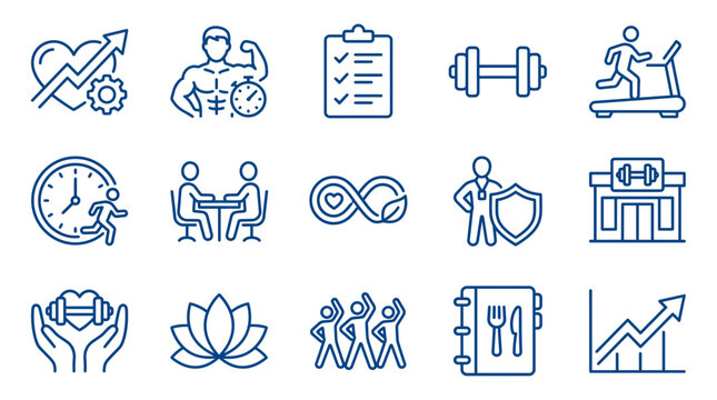 Blue fitness and wellness line icons including gym equipment, workout tracking and healthy lifestyle symbols, symbolizing physical health optimization, provides professional marketing assets