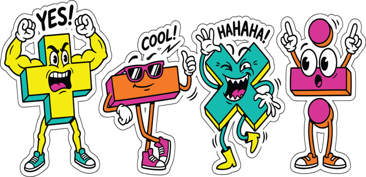 Funny Retro Math Symbol Sticker Set with Groovy Cartoon Characters and Comic Expressions for Kids Education and Playful Graphic Layouts