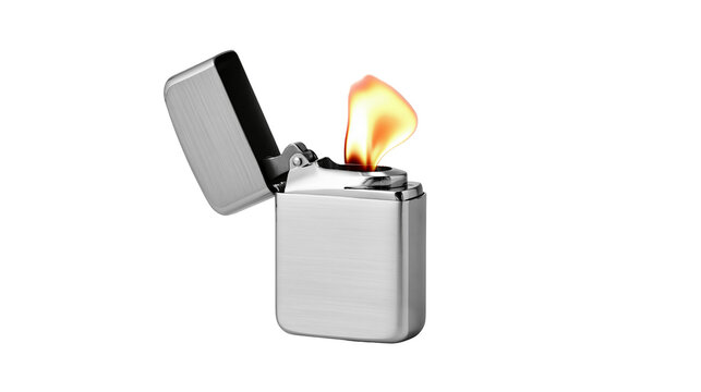 Brushed metal lighter with open lid and bright flame, isolated on transparent background