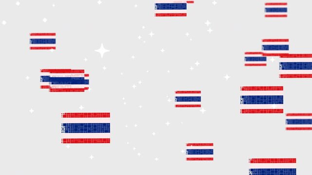 4k 60fps cartoon animation of falling Thailand flags in mosaic pixel style on white background.