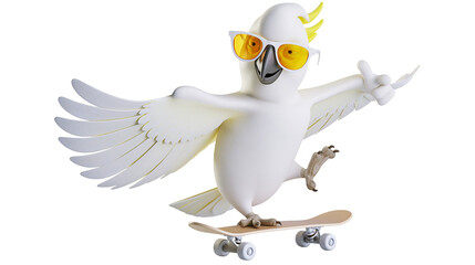 White cockatoo wearing sunglasses riding a skateboard, isolated on transparent background © VSTOCK