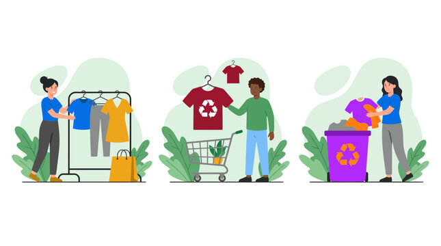 Diverse people organizing garments on clothing racks and sorting items into recycle bins, illustrating sustainable lifestyle practices and representing conscious fashion consumerism