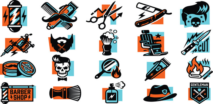 Vintage Barber Shop and Male Grooming Vector Icon Set Featuring Hair Salon Tools Gentlemen Haircut Symbols and Rockabilly Skulls for Branding and Graphic Designs