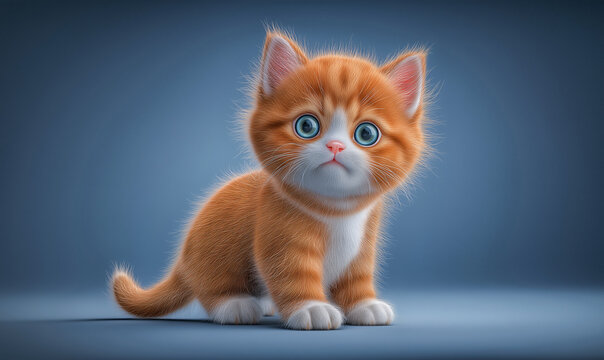 Fluffy Ginger Kitten A very cute and fluffy ginger kitten with big blue eyes sits on a plain blue background, looking directly at the viewer with an innocent expression.