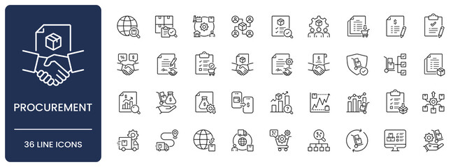 Procurement icon set. Collection of strategic sourcing, b2b purchasing, supplier management, contract negotiation and supply chain line icon vector illustration with editable stroke. © Stock_Koom