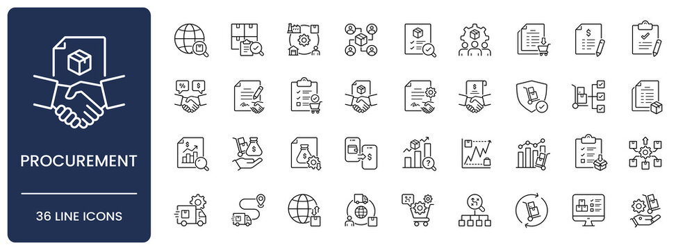 Procurement icon set. Collection of strategic sourcing, b2b purchasing, supplier management, contract negotiation and supply chain line icon vector illustration with editable stroke.