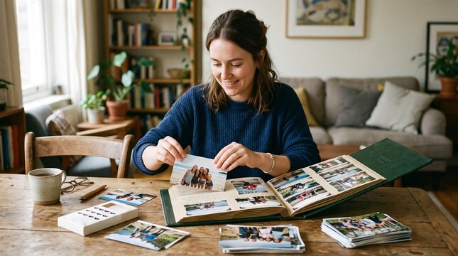 Woman looking at old photos in an album at a wooden table with a cup of tea and glasses