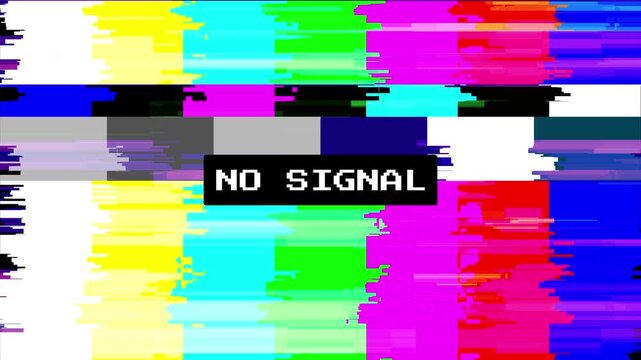 No signal VHS color bars glitch animation with analog distortion and retro broadcast test screen. Perfect for vintage video, VFX, motion graphics, TV effects, and digital overlays.