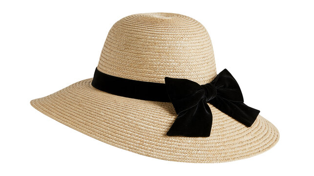 Straw sun hat with black velvet ribbon and bow, isolated on transparent background