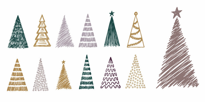 Set of twelve hand drawn christmas tree with various textures and colors isolated on a plain white background, for holiday
