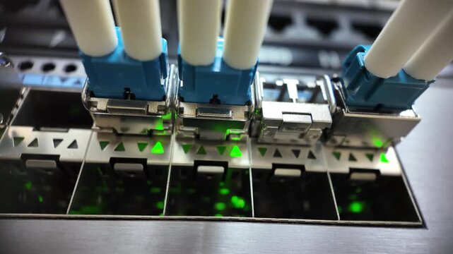 Static Close-up of Fiber Optic Patch Panel Connections in Data Center