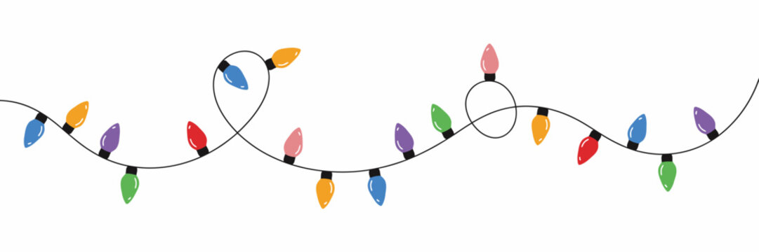 A festive string of colorful christmas light bulbs arranged in a wavy line pattern, isolated on a white background, for holiday decoration
