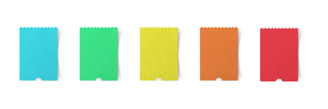 Five rectangular paper cards in cyan, green, yellow, orange, and red colors arranged in a horizontal row isolated on a transparent background
