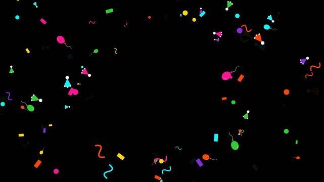 Colorful Party Confetti, Balloons, and Hats Falling Animation on Black Background. Loop