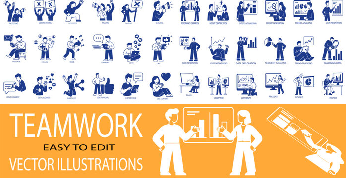 Collection of editable vector illustrations depicting teamwork, business communication, people engaged in collaborative tasks and corporate activities like meetings and presentations.