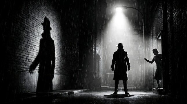 Film Noir Detective and Woman in Rainy Alleyway Silhouette