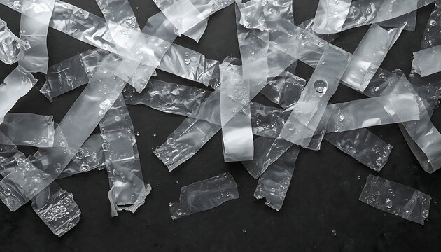 A high-angle close-up of a pile of clear, irregular jagged plastic shards scattered over a dark surface, with reflective glare and crinkled textures, 8k image
