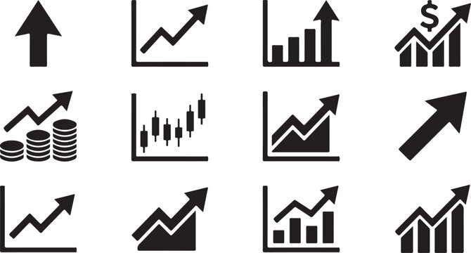 Financial growth graph bar chart stacked coins candlestick chart and upward trending arrow.