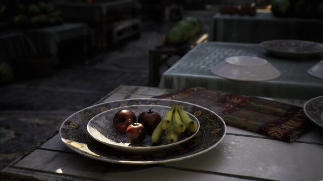 Stacked plates with bananas and pomegranates, ornate ceramic patterns and woven tablecloth show rich patina and handlaid produce at Mutrah Souq, tactile