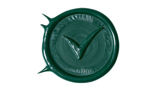 Green wax seal with checkmark symbol, isolated on transparent background