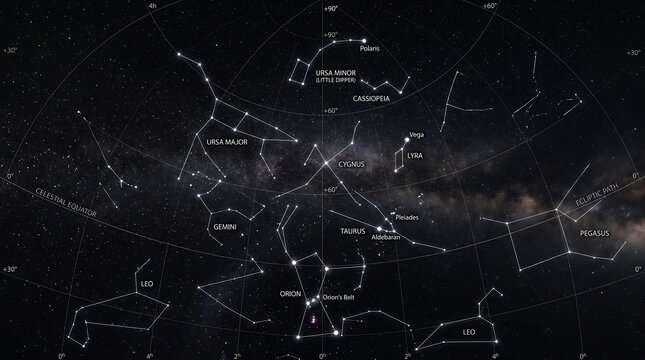 Night Sky Constellation Map with Celestial Coordinates