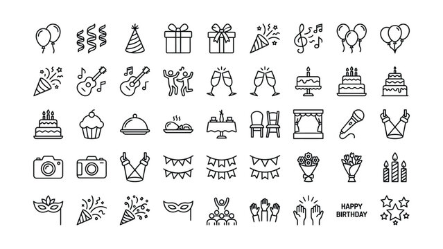 Large collection of festive celebration event party line art icons featuring balloons cakes gifts music and party elements