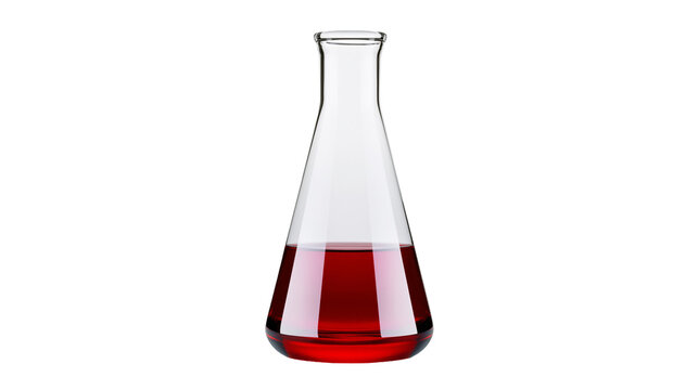 Clear glass Erlenmeyer flask containing red liquid, isolated on transparent background