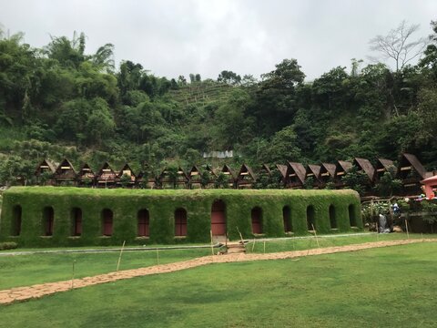 Modern eco resort accommodation surrounded by lush tropical forest and landscaped gardens, offering a peaceful travel destination with sustainable architecture and natural scenery.