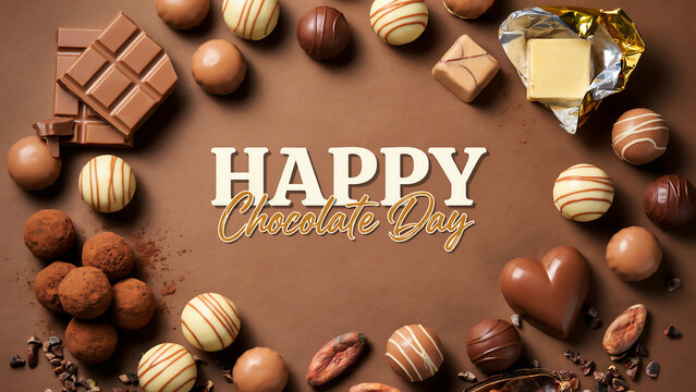 Happy chocolate day greeting card with delicious assorted milk and dark chocolate truffles candies and cocoa bars arranged in a circle frame on a brown background for holiday celebration