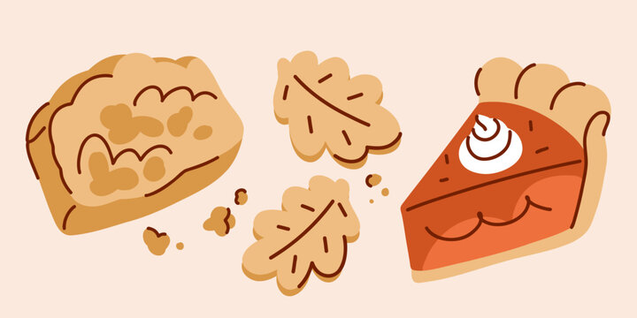 Autumn Thanksgiving Dessert Elements Collection Warm pastries from the bakery, a slice of pumpkin pie with cream, a gingerbread cookie shaped like an oak leaf, a spicy autumn crumble cake