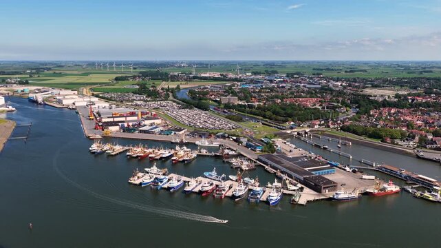Aerial view of a fishing harbor on the Wadden Sea in the Netherlands