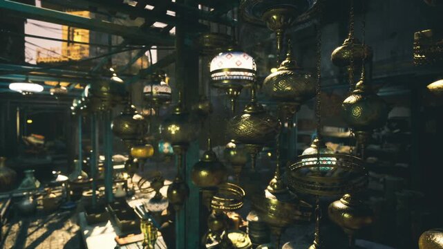 Brass lanterns clustered in Marrakech market, sunlight filtering through lattice roof, warm highlights on polished surfaces, dense arrangement creating lively