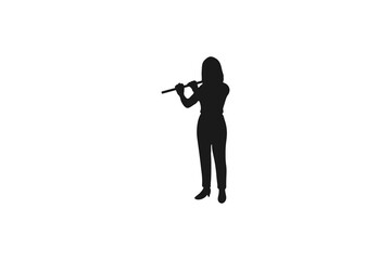 Silhouette of a woman playing the flute woodwind musical instrument. Full body length profile of a female flutist musician isolated on white background © Bayu