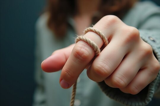 A tight shot of a hand with a string looped around a finger, symbolizing a significant memory or reminder.