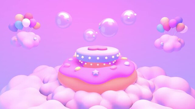 Cute floating donut stage surrounded by clouds in the sky animation. (loop)
