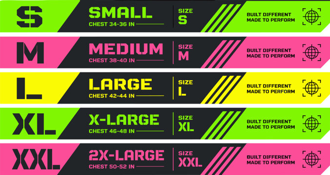 Athletic Apparel Size Guide Banner Set with Small Medium Large XL and XXL Labels for Sportswear Retail and Ecommerce