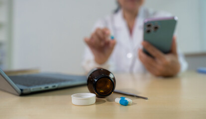 Fototapeta premium pharmacists or doctors study information reviews patient info, medication, and health progress on charts. Collaborative care and analysis.