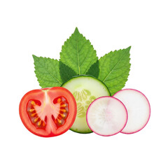 Fresh sliced tomato cucumber and radish with green mint leaves isolated on transparent background © samrat