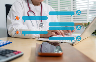 Fototapeta premium Female doctor provides remote healthcare consultation using smartphone and laptop, illustrating telemedicine, care, and digital health services.